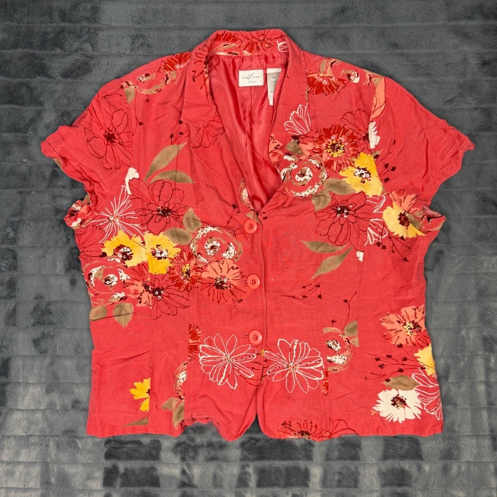 Emma James Woman Linen Blend Floral Sequin Short Sleeve Blazer Jacket Coral 20W